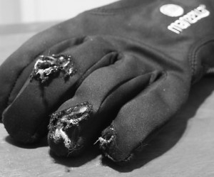 My cold weather glove protected my hand from this scrape :)